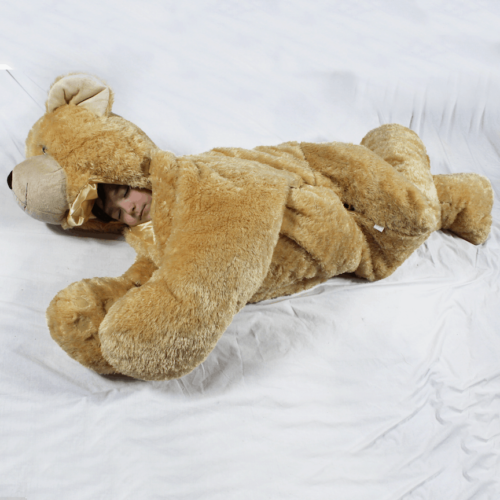 child sleeping in plush brown bear sleeping bag