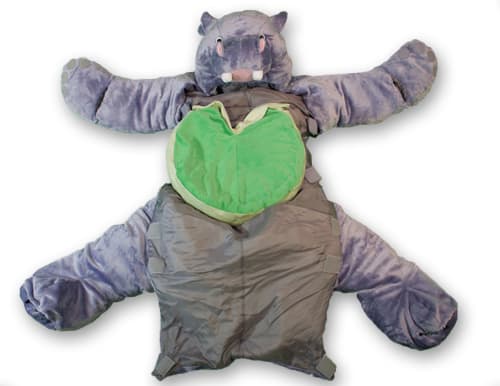 snoozzoo hippo sleeping bag open with favorite food pillow