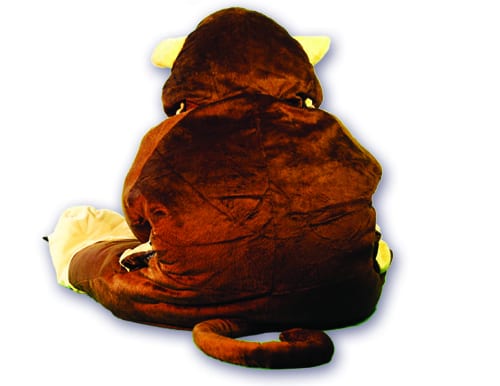 plush monkey sleeping bag from behind
