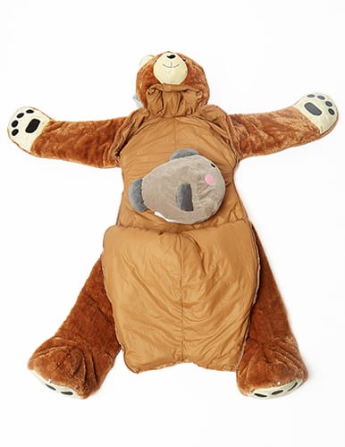 snoozzoo stuffed bear sleep sack open with fish pillow