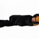 child laying on side in snoozzoo black bear sleep sack