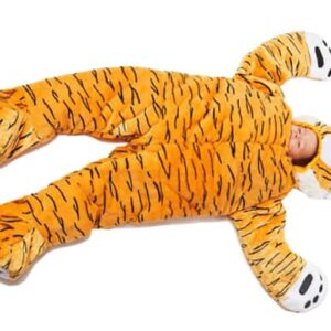 child laying down in tiger sleep sack by snoozzoo