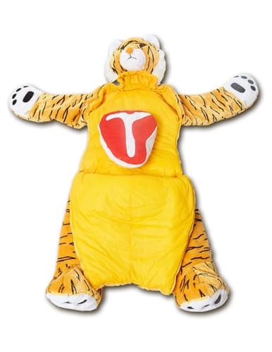 snoozzoo tiger sleeping bag open with favorite food pillow
