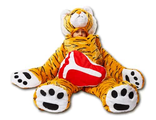 child sitting wearing tiger sleeping bag with steak pillow