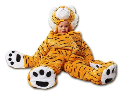 child sitting in tiger sleep sack by snnoozzoo