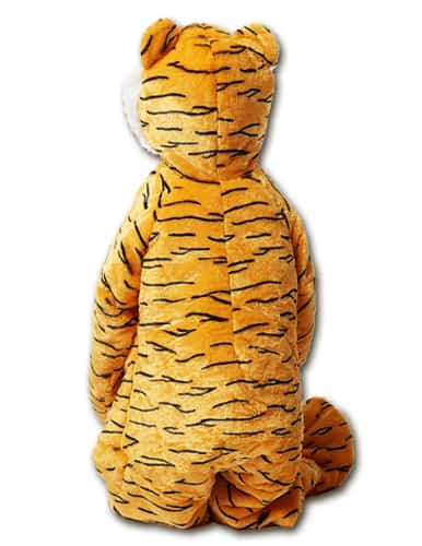 view of child wearing plush tiger sleeping back from behind