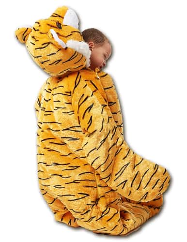 sideview of child wearing tiger sleeping bag by snoozzoo