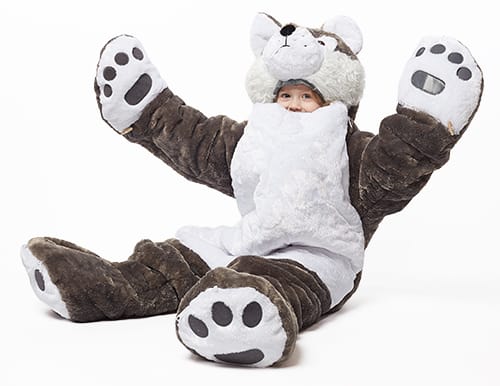 child sitting in wolf sleeping bag by snoozzoo