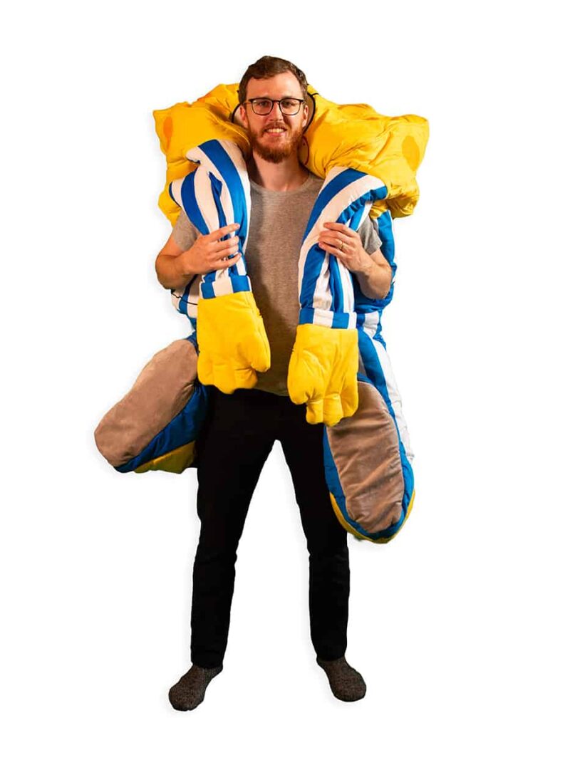 adult wearing spongebob squarepants sleepsack