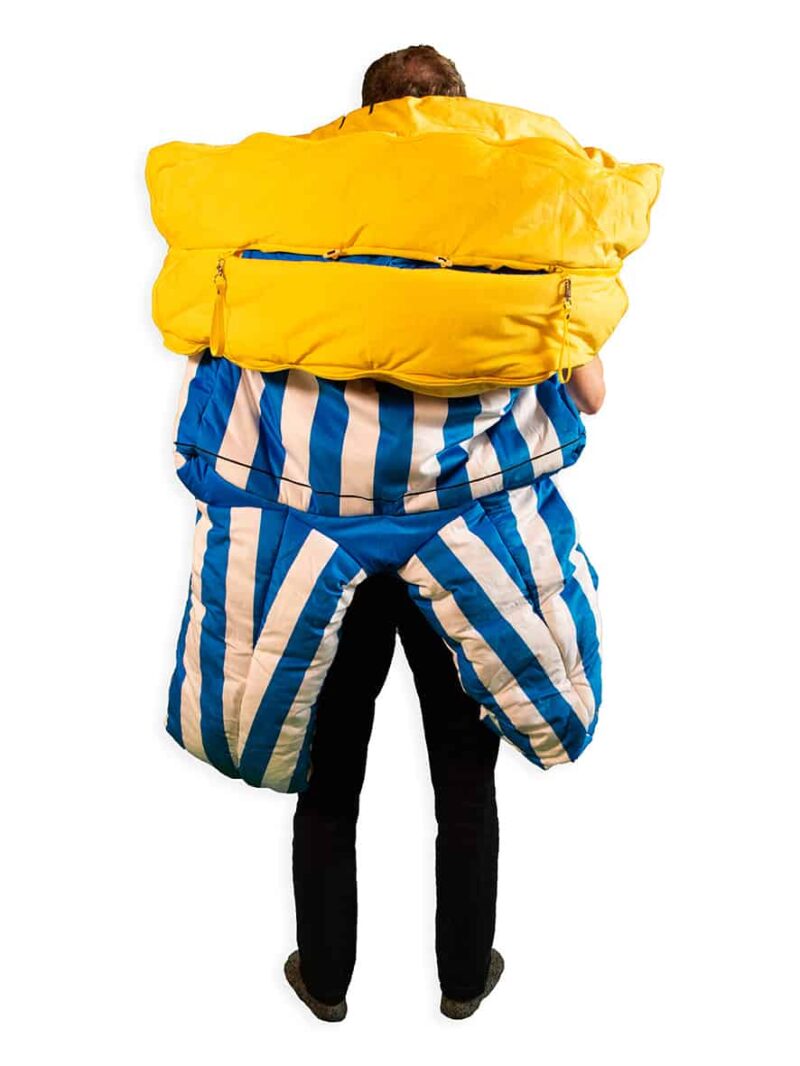 view from behind of adult using spongebob sleeping bag as blanket