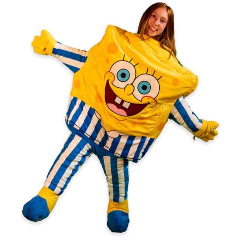 child on one foot in spongebob sleeping bag by snoozoo
