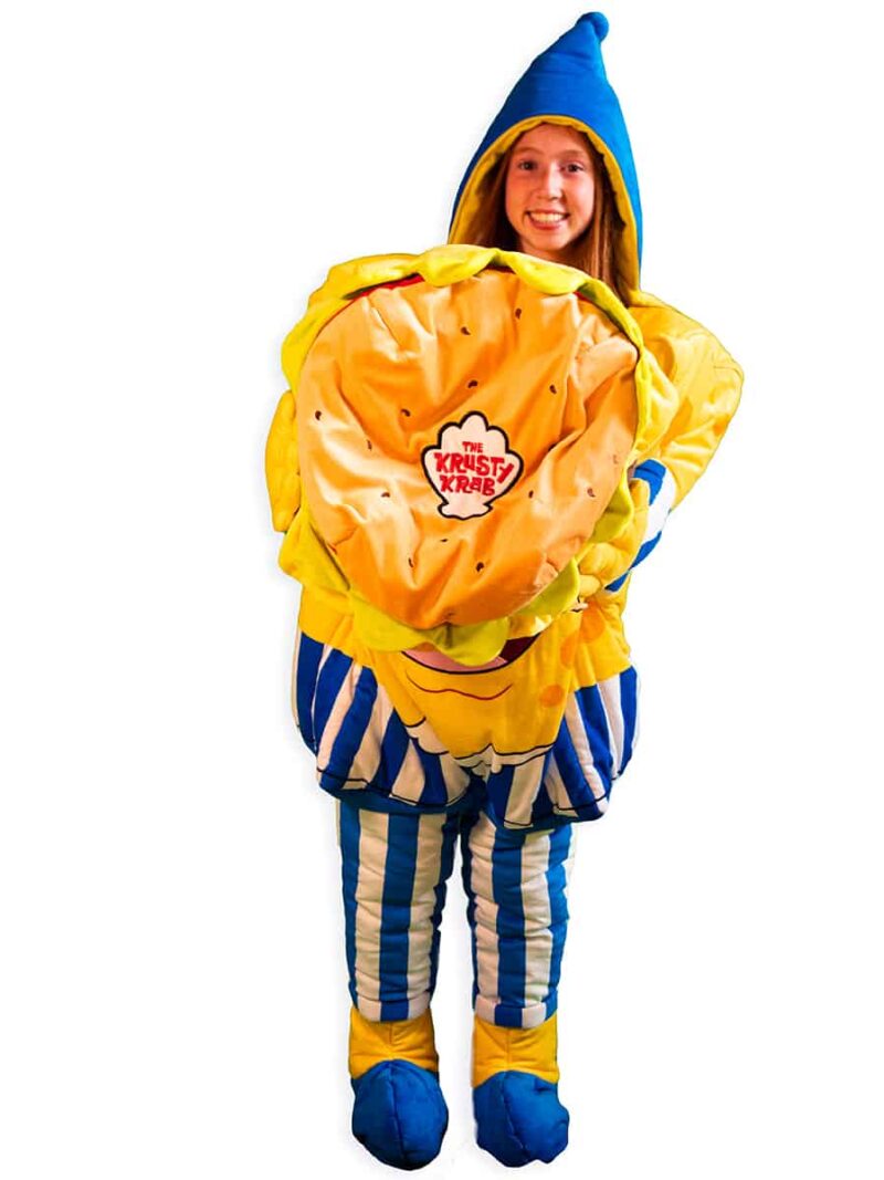 child wearing spongebob squarepants sleepsack and holding krabby patty